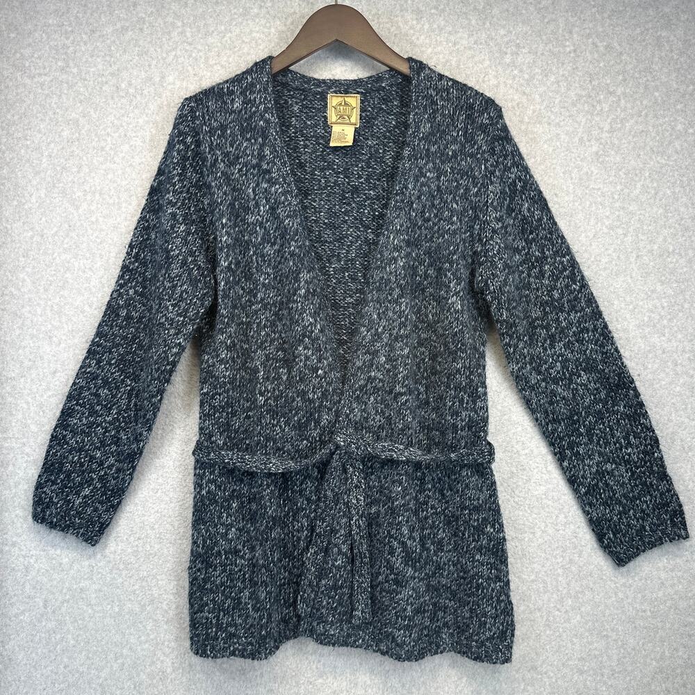 A.M.I. Sweater Womens Medium Heather Blue Cardigan Knitted Belted Long Sleeve